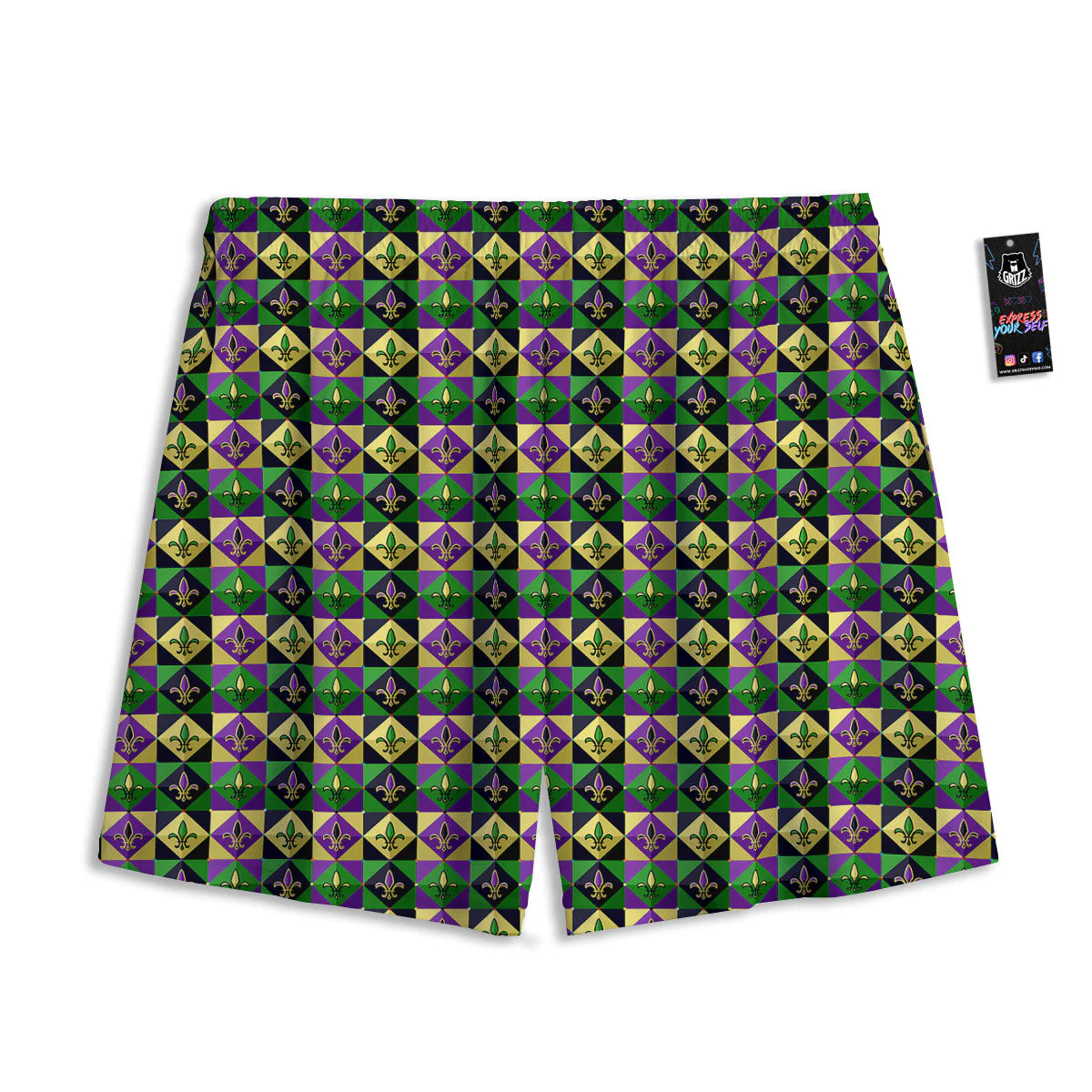 Gras Geometric Mardi Print Pattern Mesh Shorts - Image 2