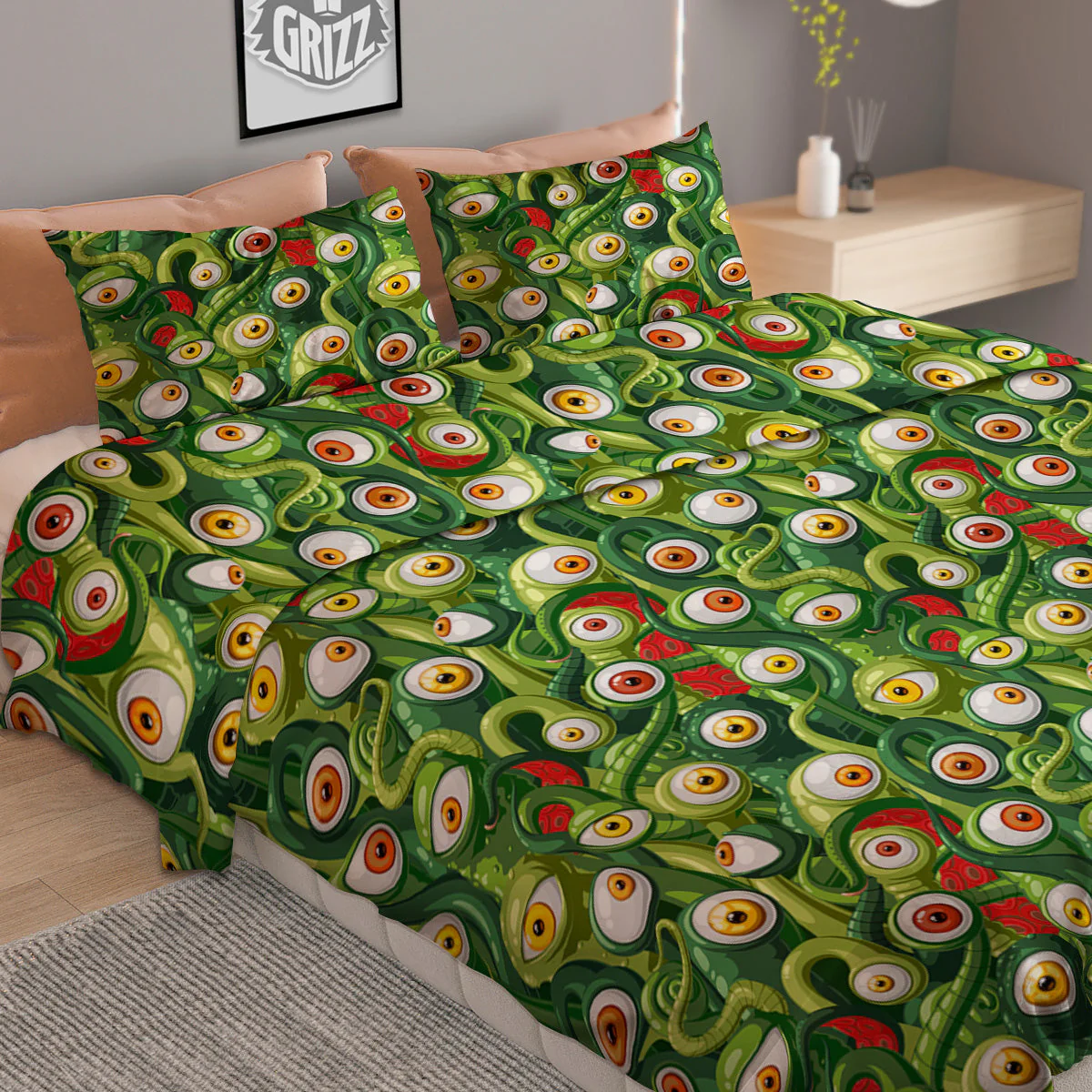 Green Alien Monster Print Pattern Duvet Cover Bedding Set - Image 2