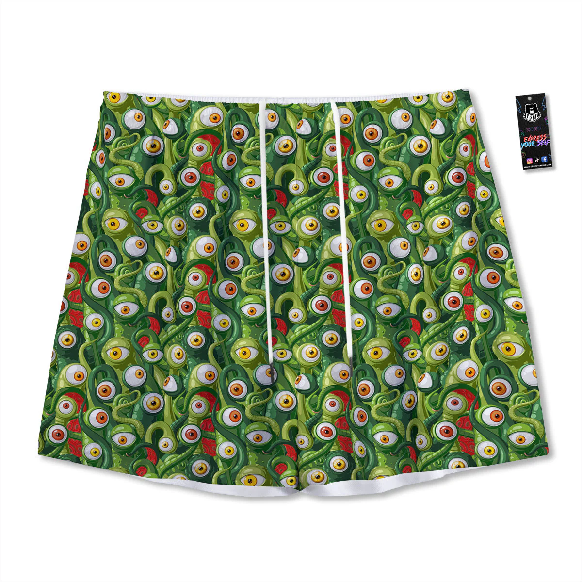 Green Alien Monster Print Pattern Mesh Shorts