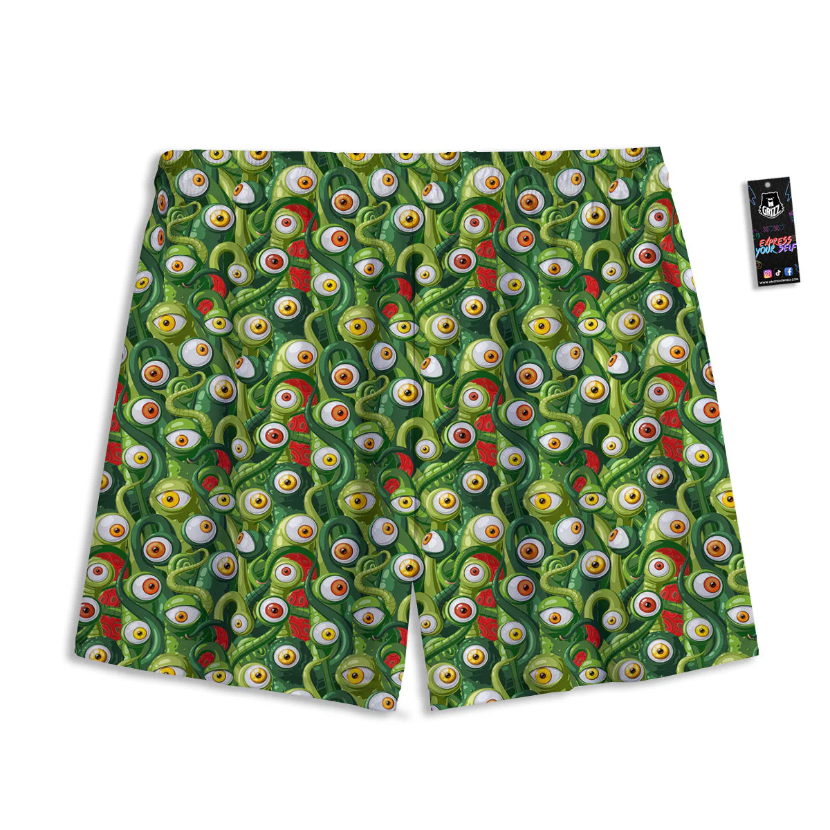 Green Alien Monster Print Pattern Mesh Shorts - Image 2