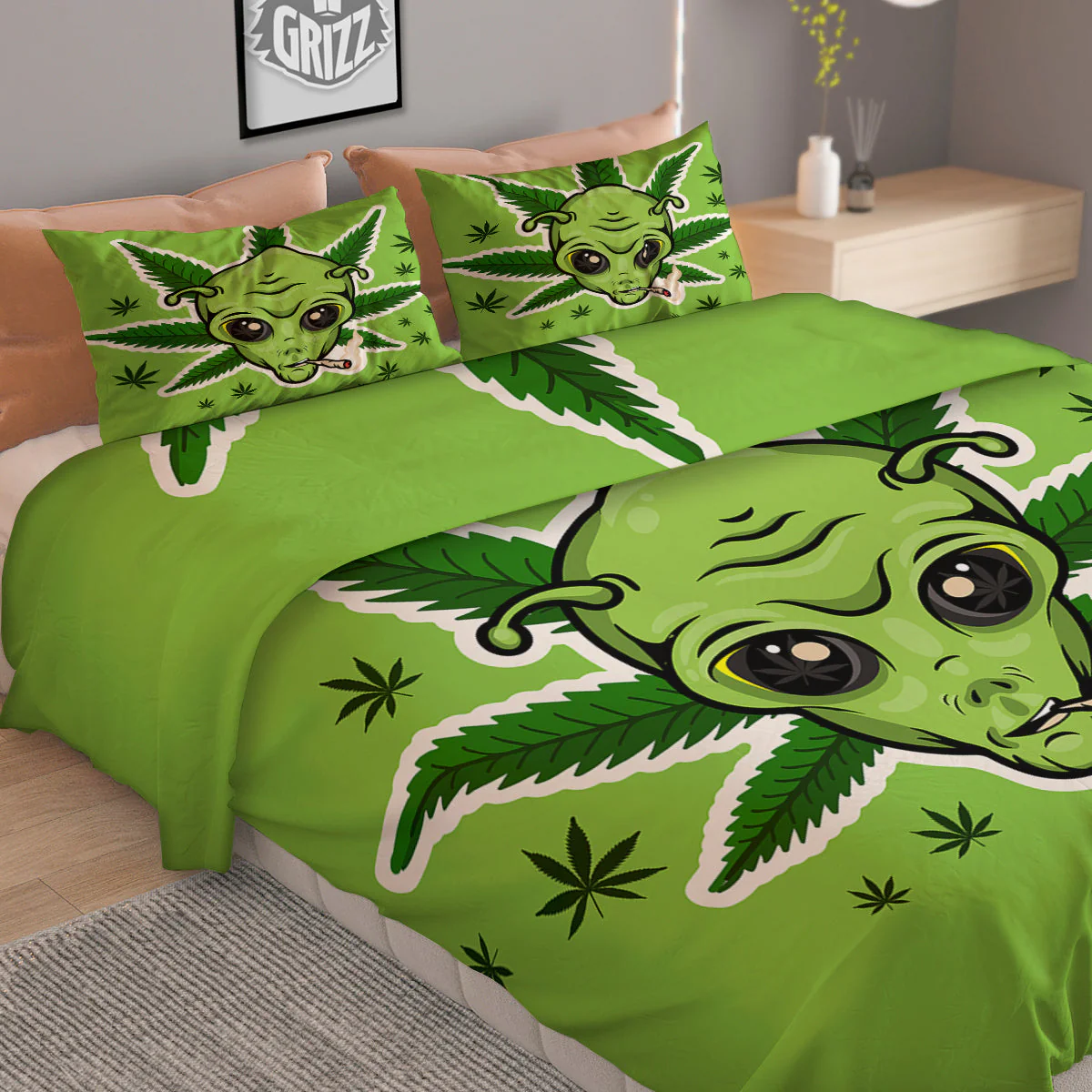 Green Alien Smoking Print Duvet Cover Bedding Set - Image 2