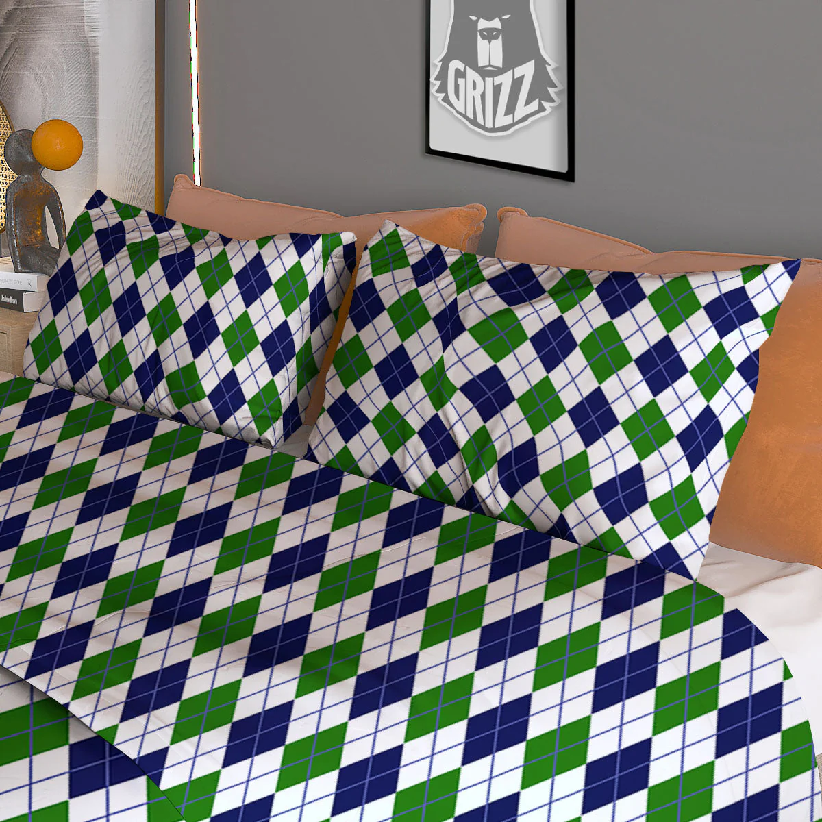 Green And White Navy Argyle Print Duvet Cover Bedding Set - Image 3