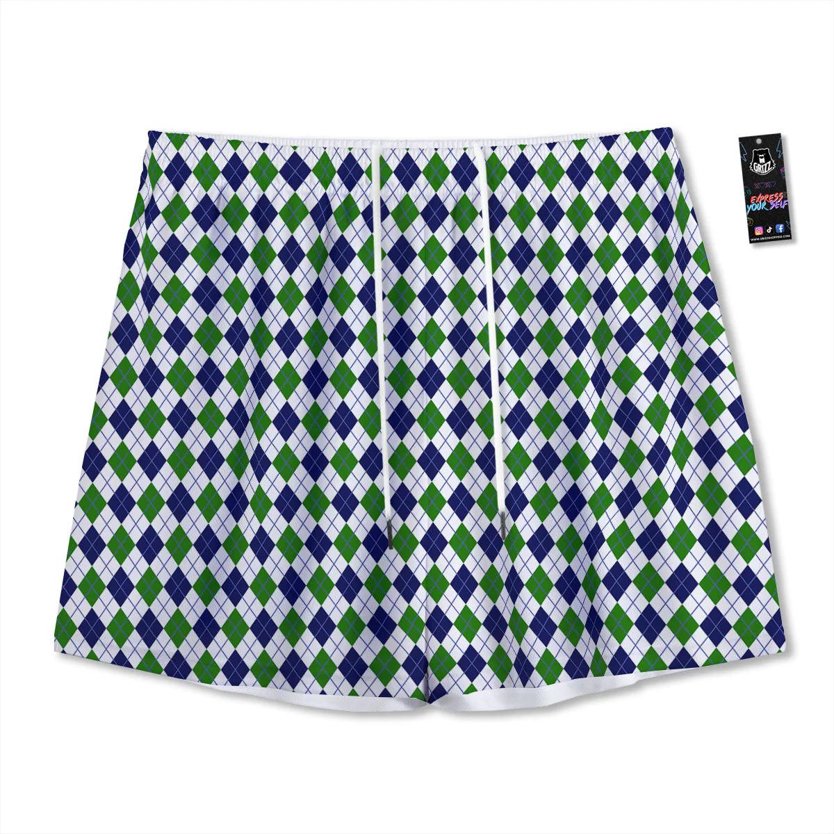 Green And White Navy Argyle Print Mesh Shorts