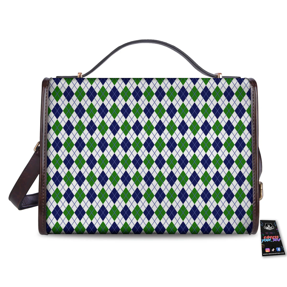 Green And White Navy Argyle Print Women's Satchel Bag - Image 2