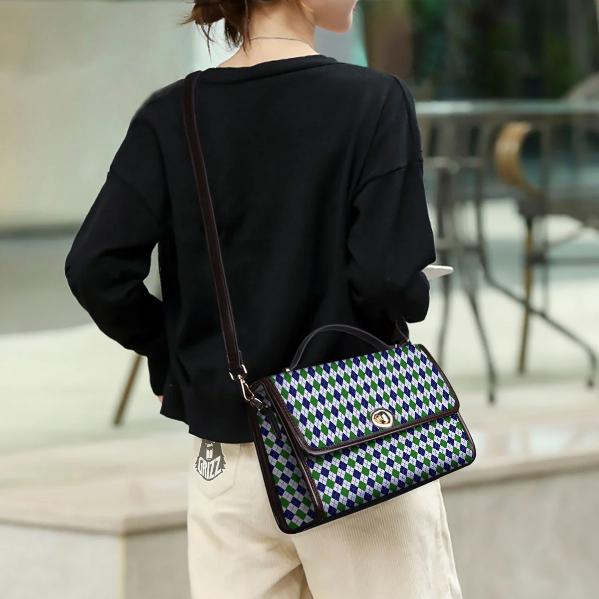 Green And White Navy Argyle Print Women's Satchel Bag - Image 3