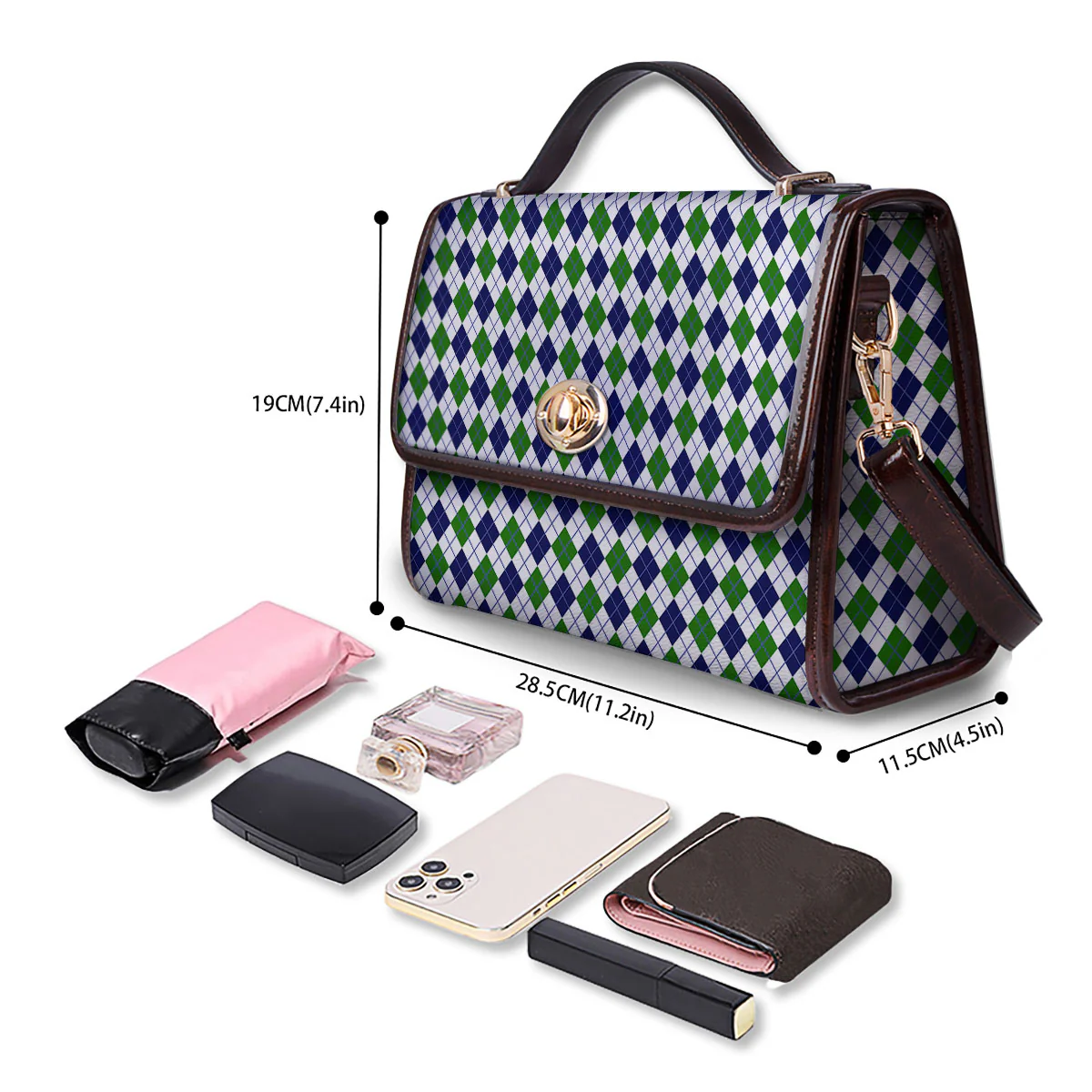 Green And White Navy Argyle Print Women's Satchel Bag - Image 4