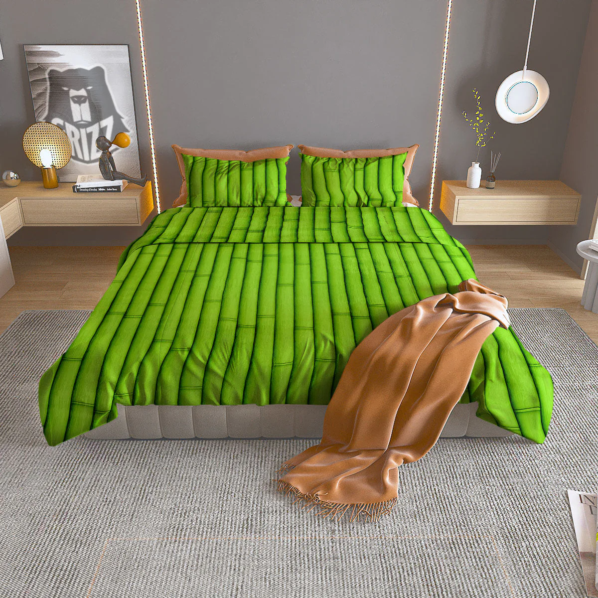 Green Bamboo Print Duvet Cover Bedding Set