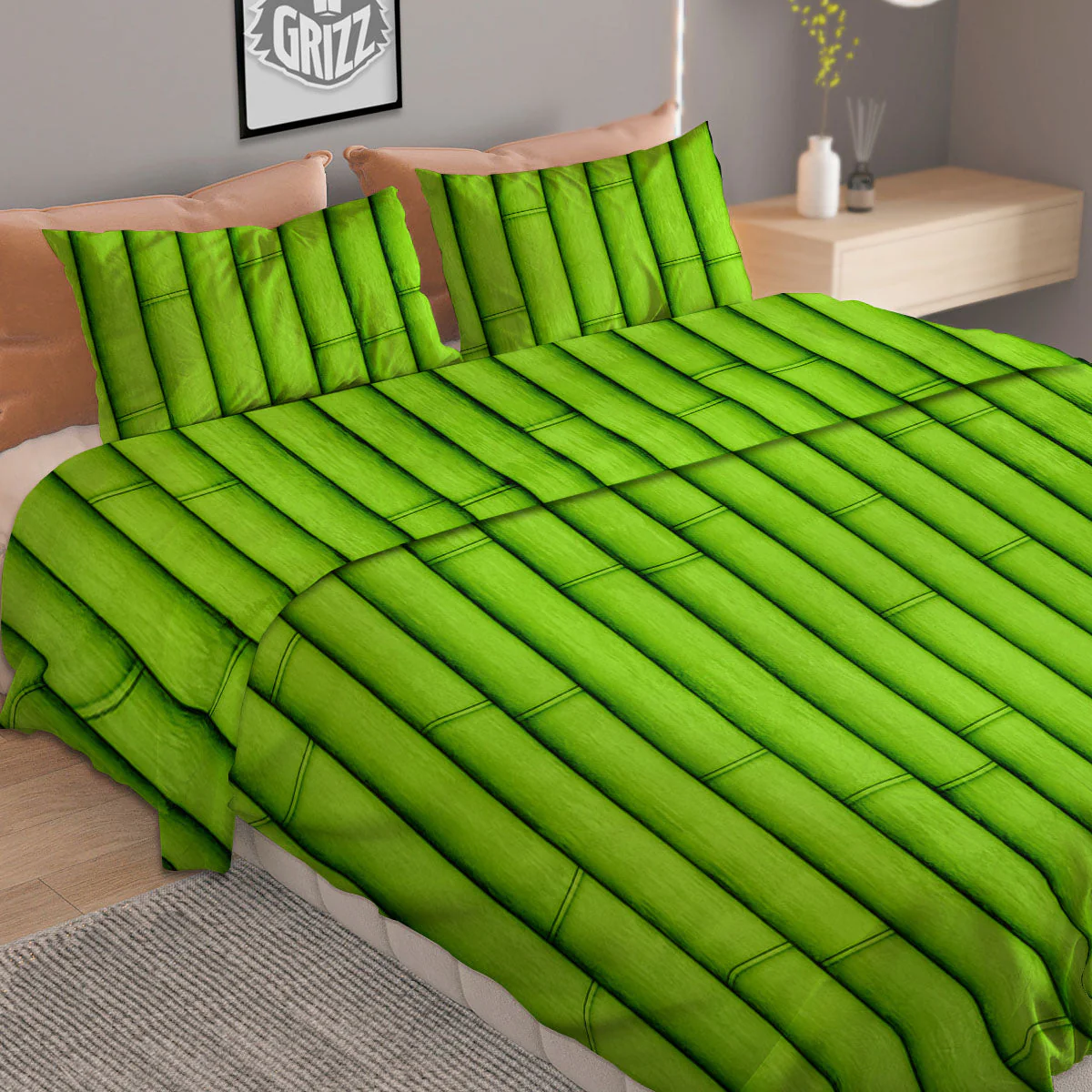 Green Bamboo Print Duvet Cover Bedding Set - Image 2