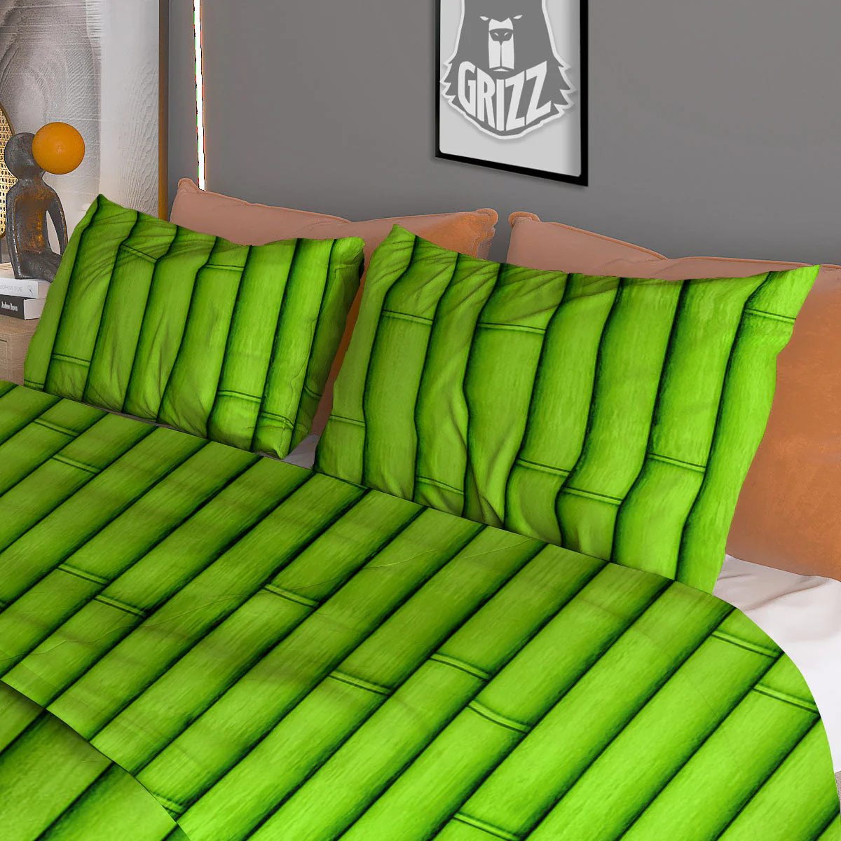 Green Bamboo Print Duvet Cover Bedding Set - Image 3