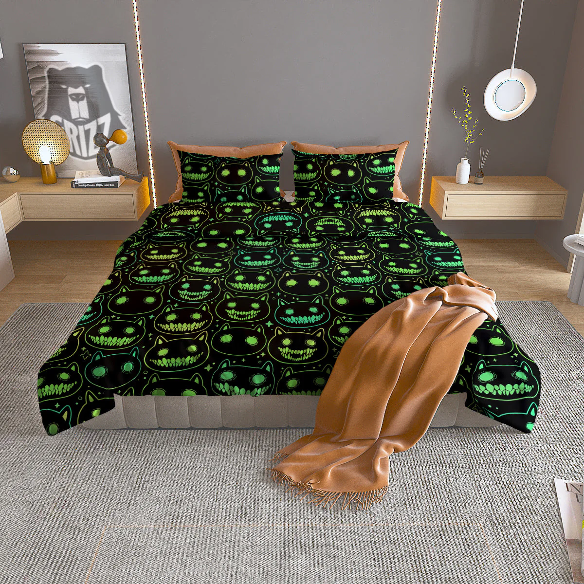 Green Black Head Cartoon Spooky Cat Print Pattern Duvet Cover Bedding Set