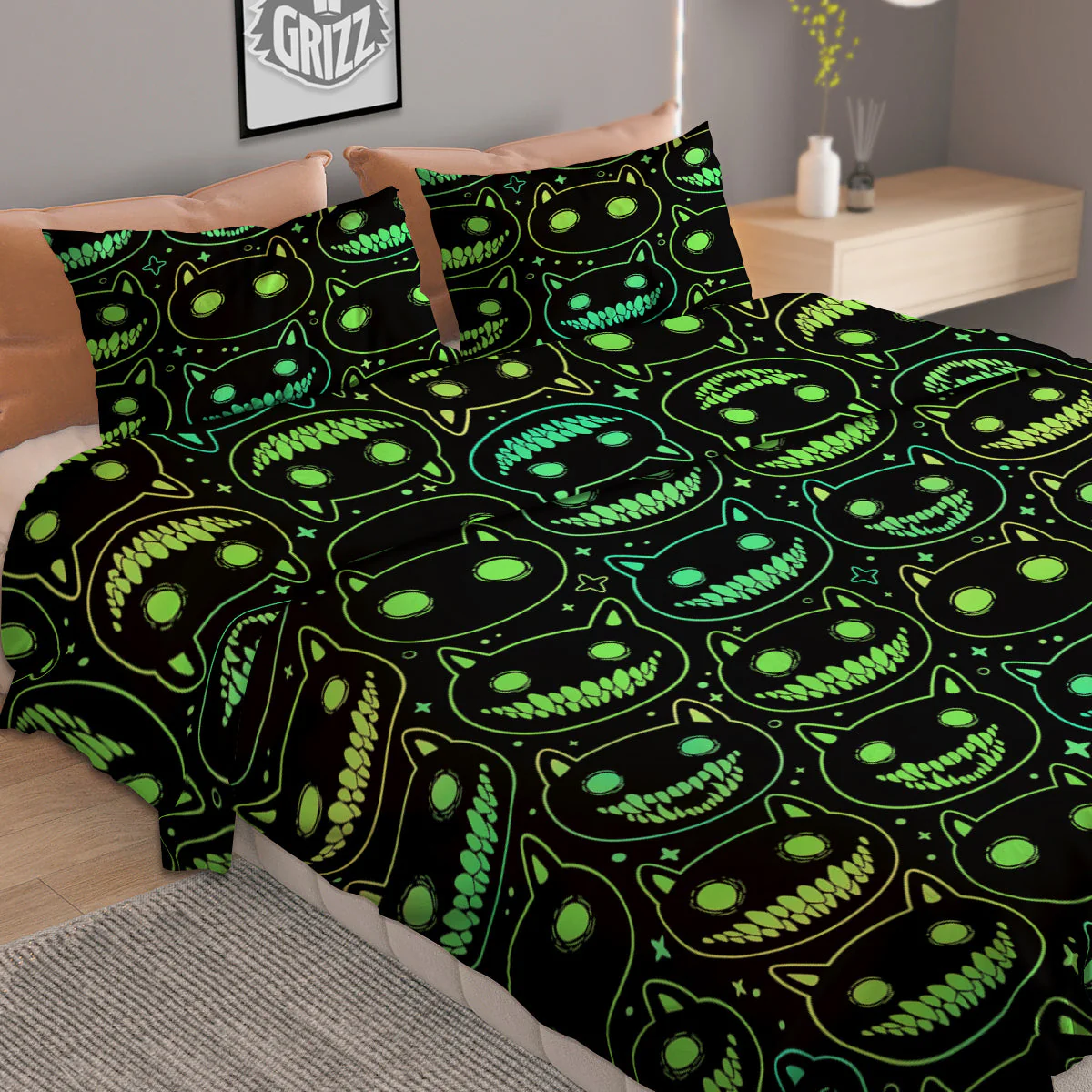 Green Black Head Cartoon Spooky Cat Print Pattern Duvet Cover Bedding Set - Image 2