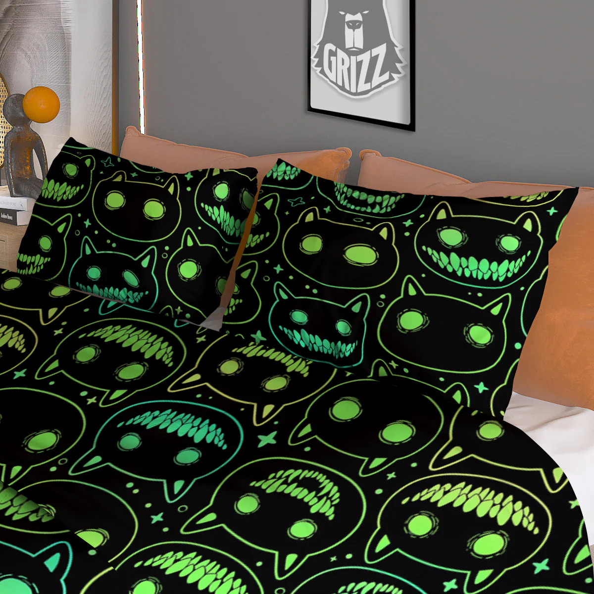 Green Black Head Cartoon Spooky Cat Print Pattern Duvet Cover Bedding Set - Image 3