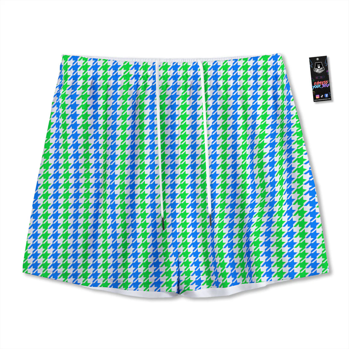 Green Blue And White Houndstooth Print Mesh Shorts