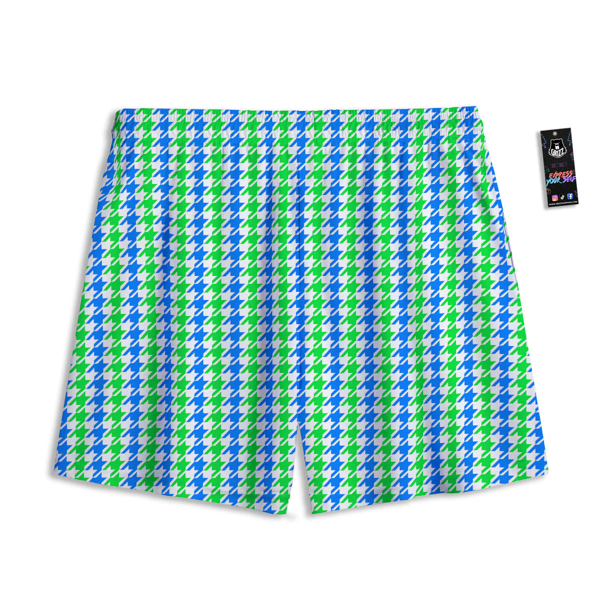 Green Blue And White Houndstooth Print Mesh Shorts - Image 2