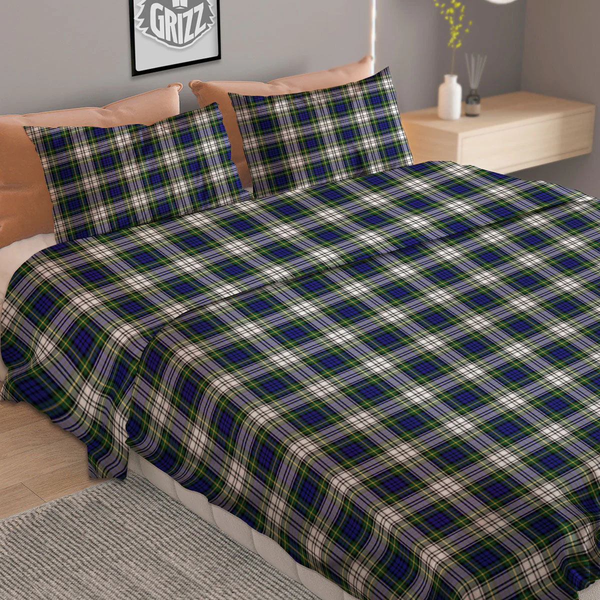 Green Blue And White Plaid Print Pattern Duvet Cover Bedding Set - Image 2