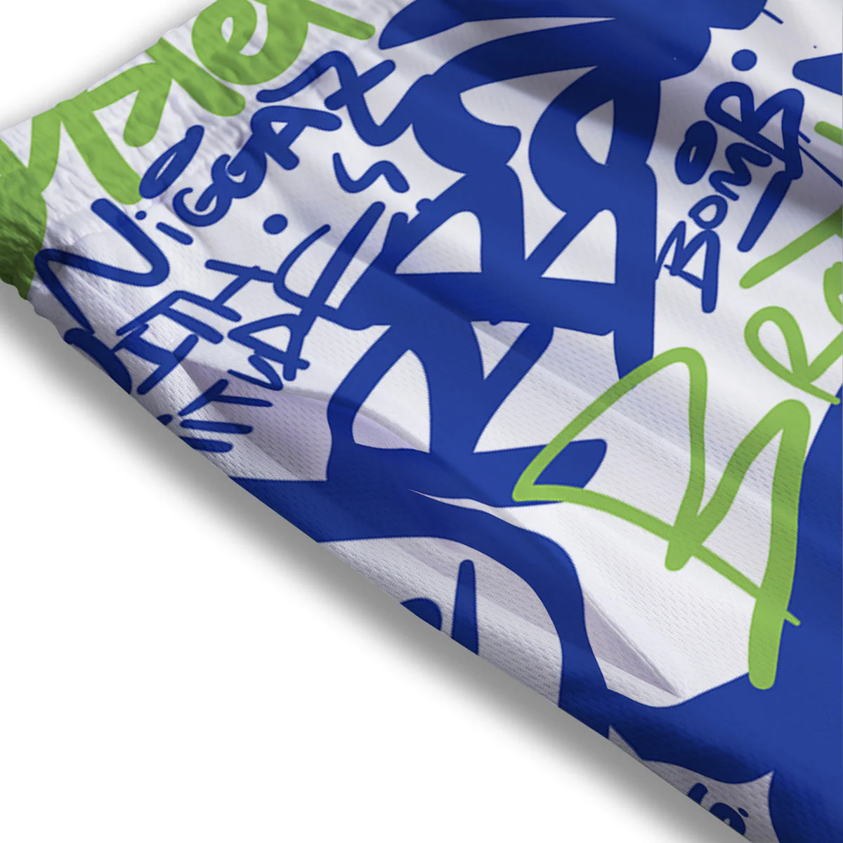 Green Blue Urban Graffiti Text Print Pattern Mesh Shorts - Image 3