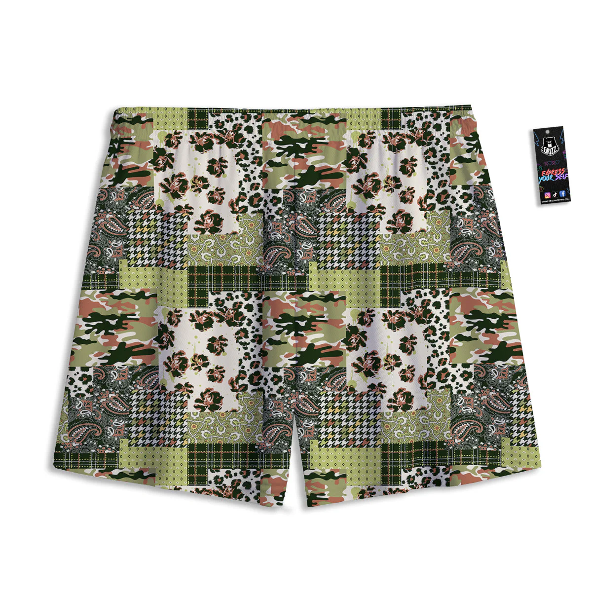 Green Camouflage Tartan Paisley Patchwork Print Pattern Mesh Shorts - Image 2