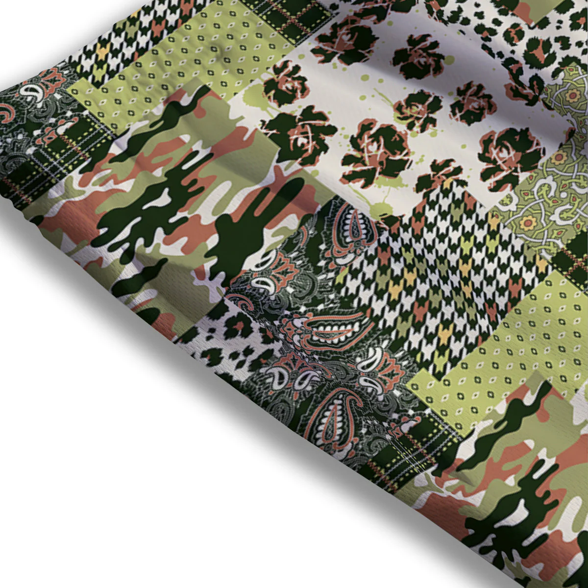 Green Camouflage Tartan Paisley Patchwork Print Pattern Mesh Shorts - Image 3