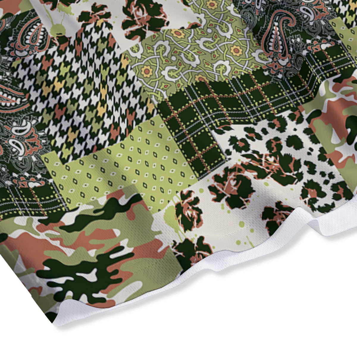 Green Camouflage Tartan Paisley Patchwork Print Pattern Mesh Shorts - Image 4