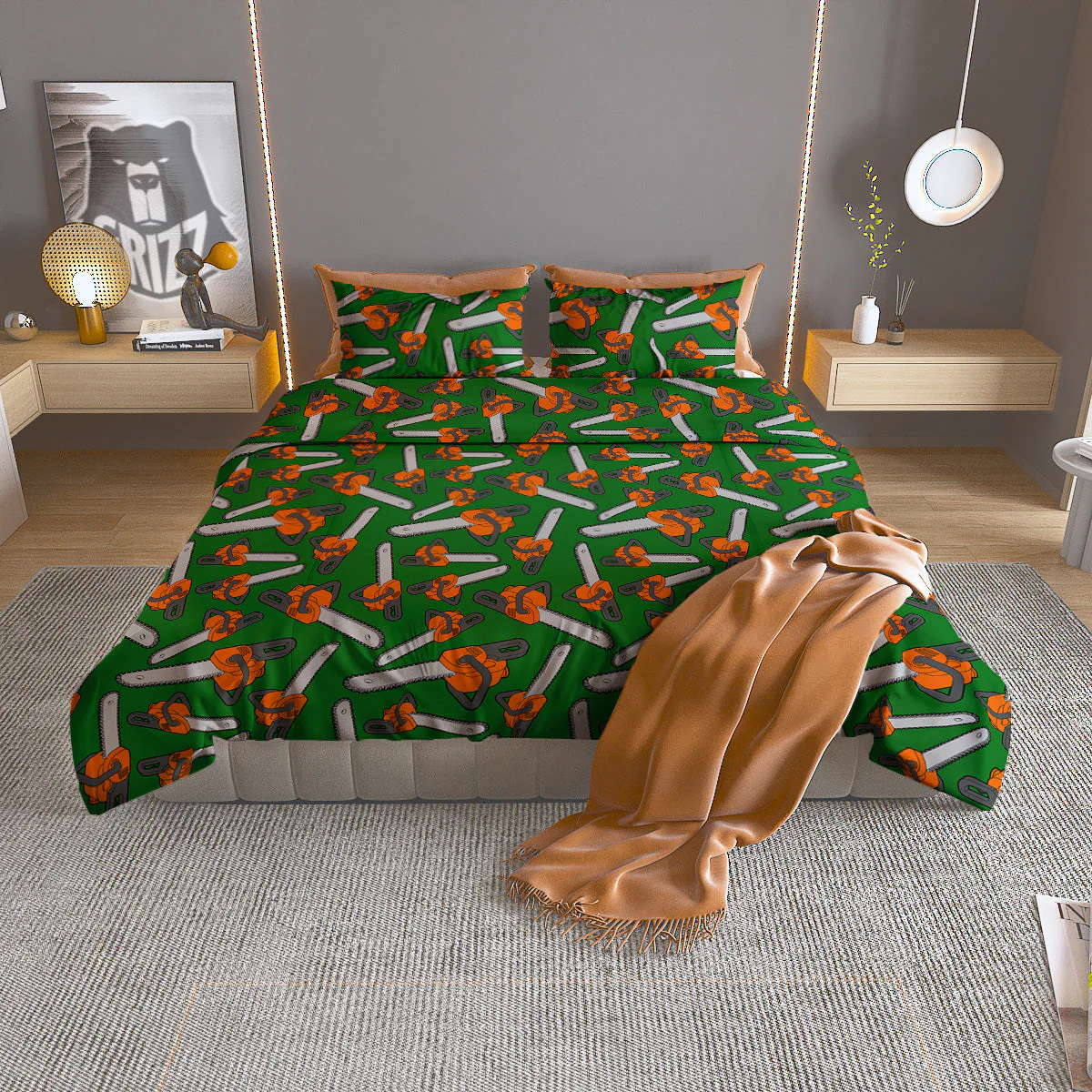 Green Chainsaw Print Pattern Duvet Cover Bedding Set