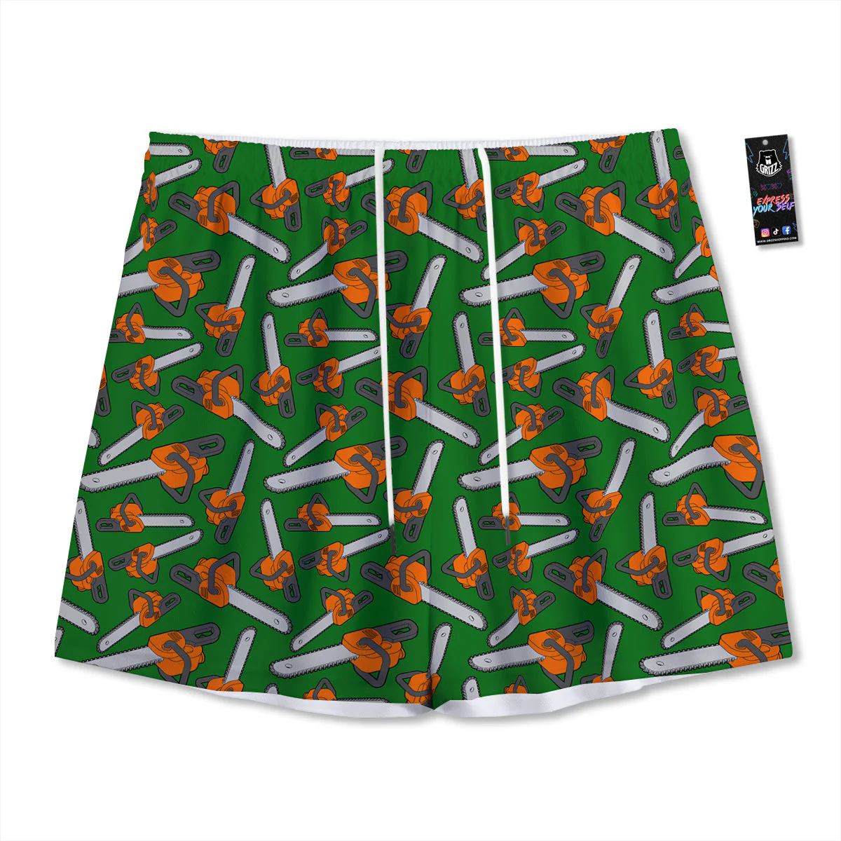 Green Chainsaw Print Pattern Mesh Shorts