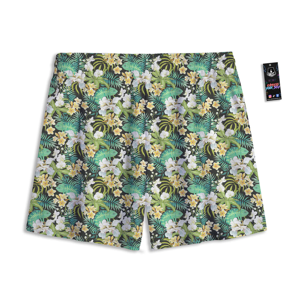 Green Chameleon And Flowers Plumeria Orchid Print Pattern Mesh Shorts - Image 2