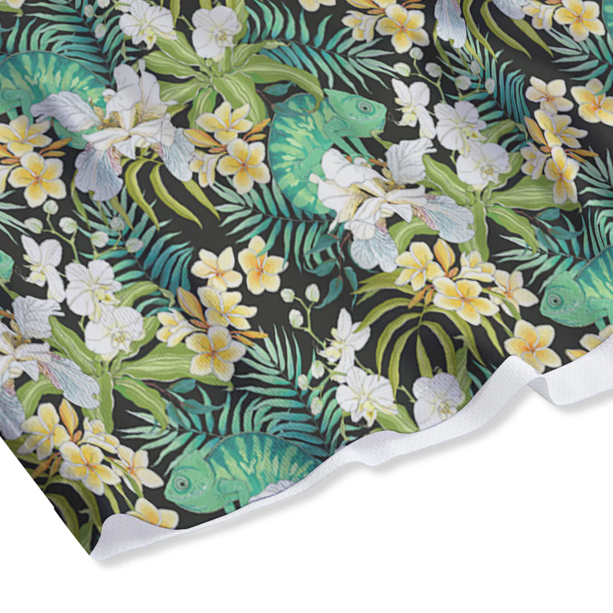 Green Chameleon And Flowers Plumeria Orchid Print Pattern Mesh Shorts - Image 4