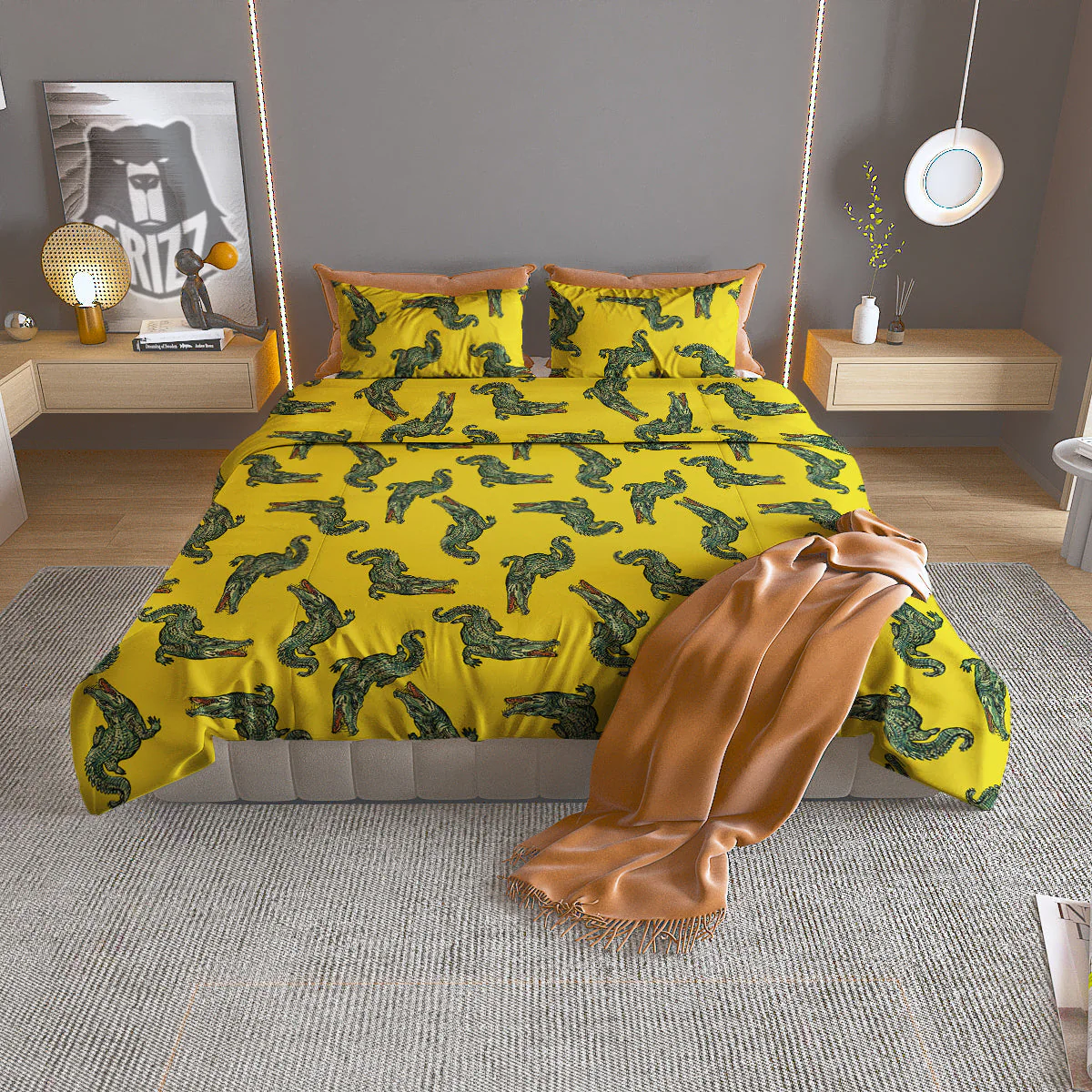 Green Crocodile And Yellow Print Pattern Duvet Cover Bedding Set