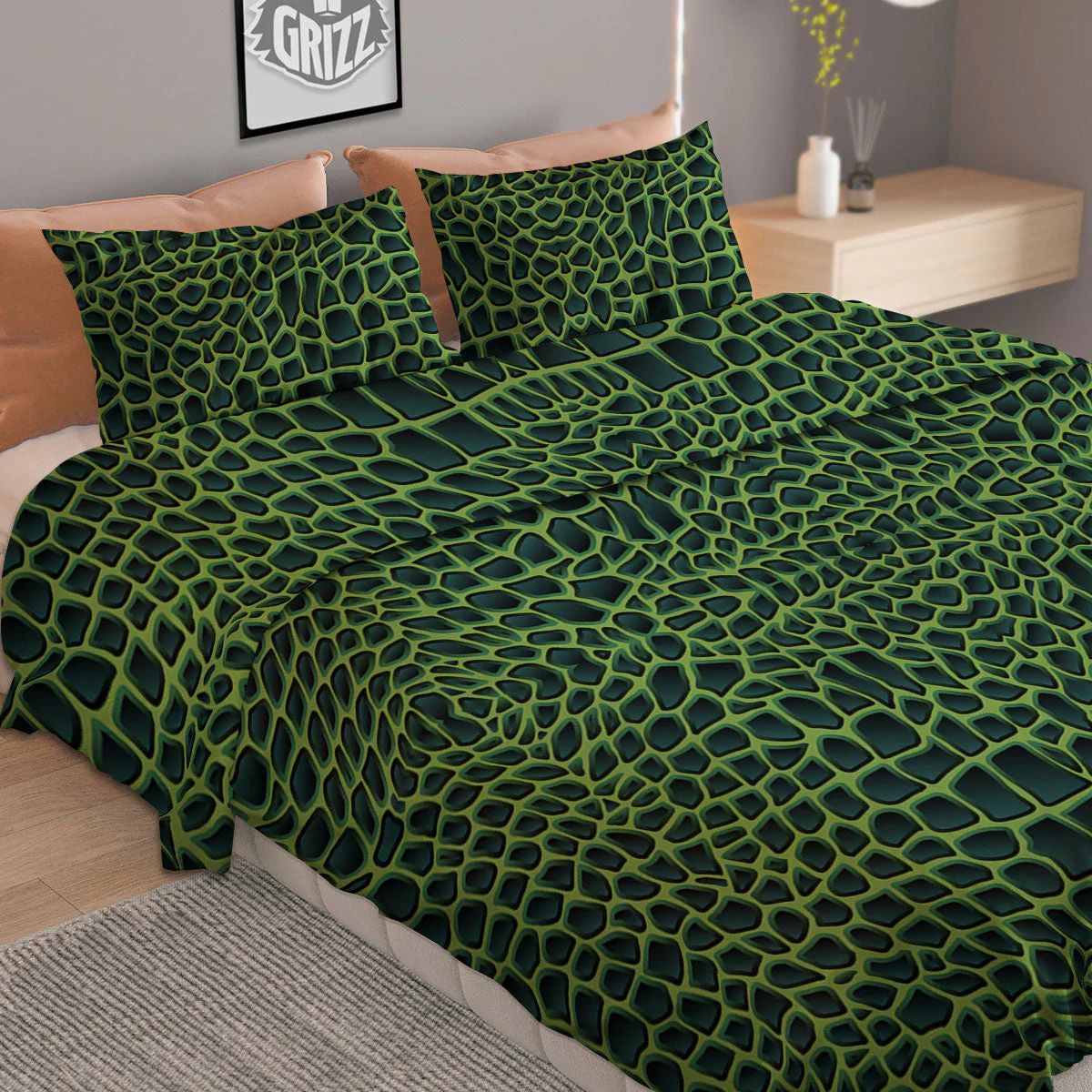 Green Crocodile Leather Skin Print Duvet Cover Bedding Set - Image 2