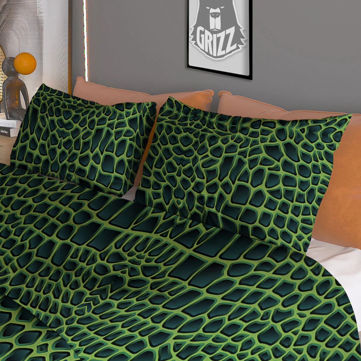 Green Crocodile Leather Skin Print Duvet Cover Bedding Set - Image 3