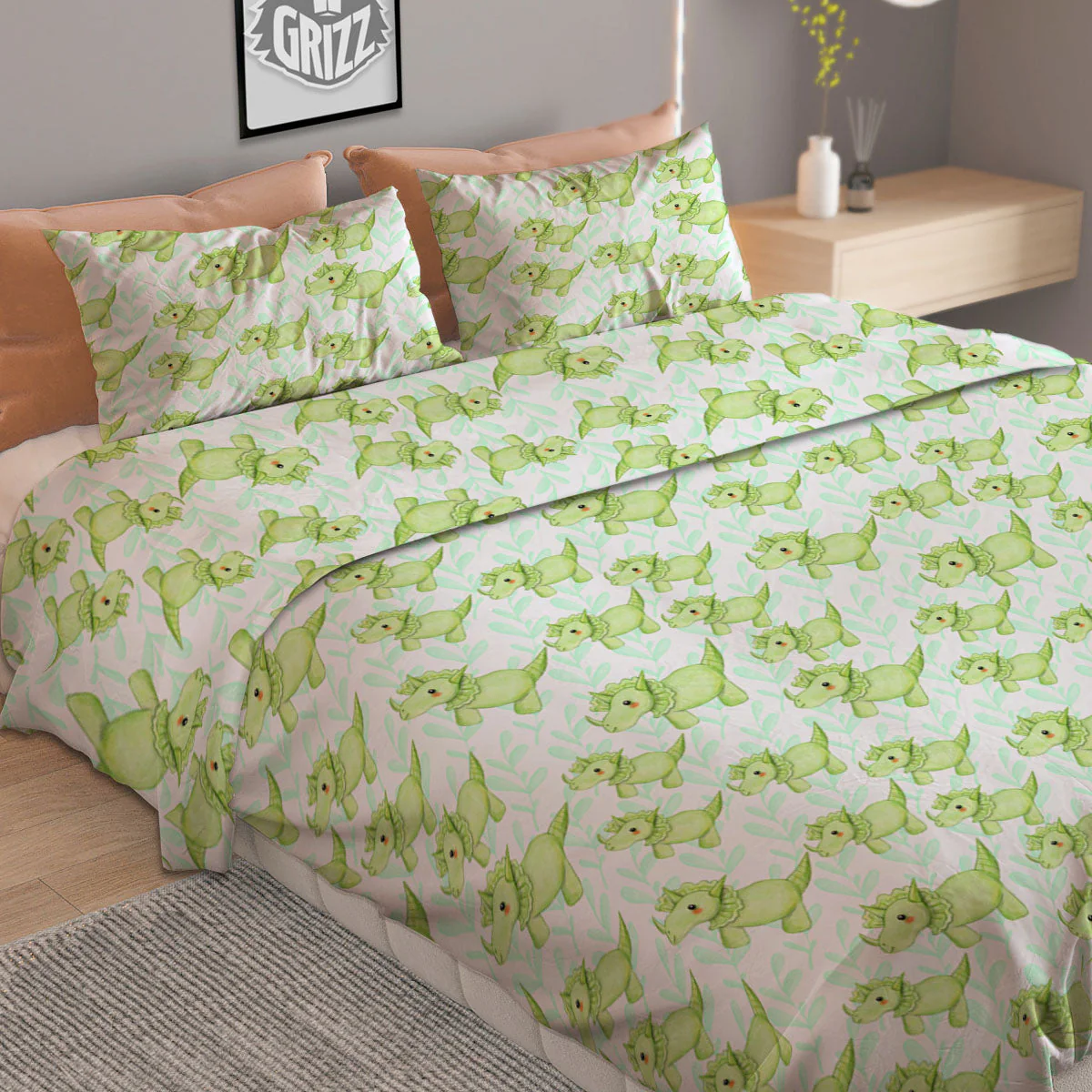 Green Dinosaur Little Print Pattern Duvet Cover Bedding Set - Image 2