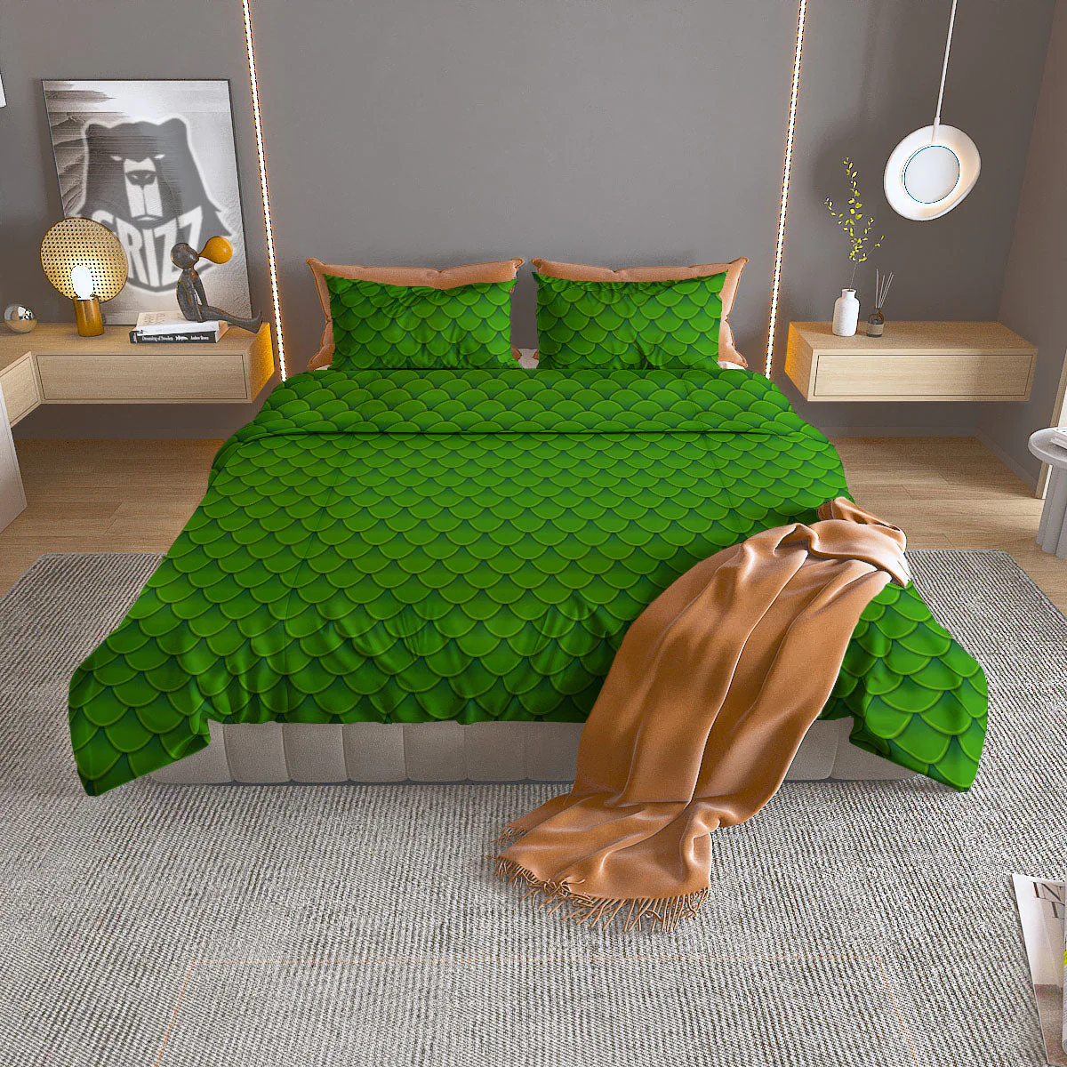 Green Dragon Scales Print Pattern Duvet Cover Bedding Set