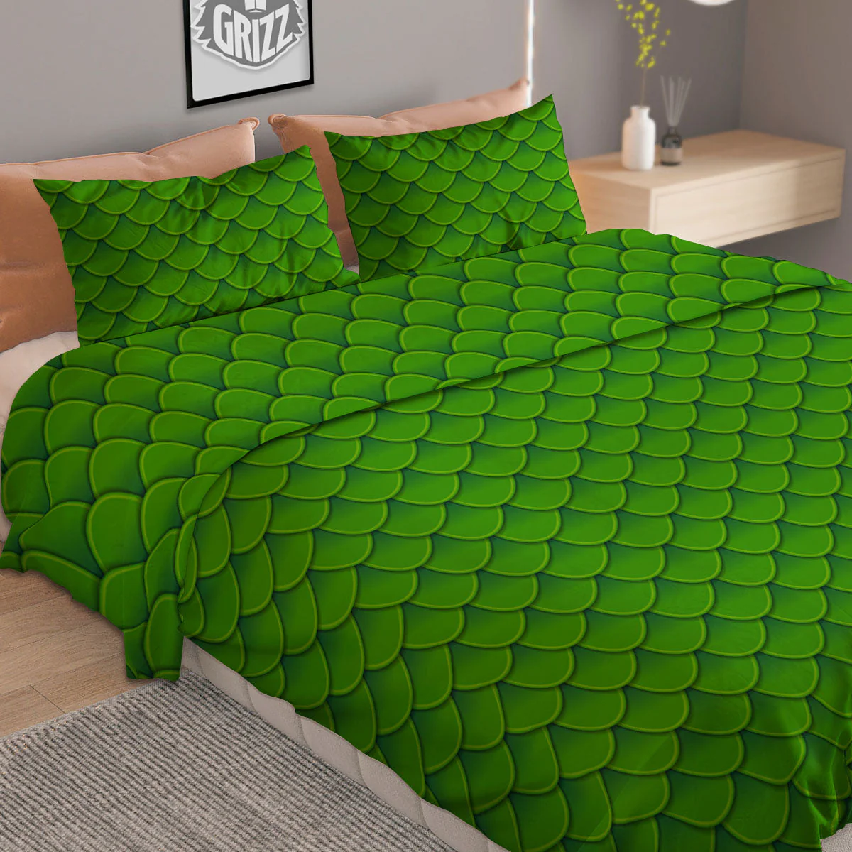 Green Dragon Scales Print Pattern Duvet Cover Bedding Set - Image 2