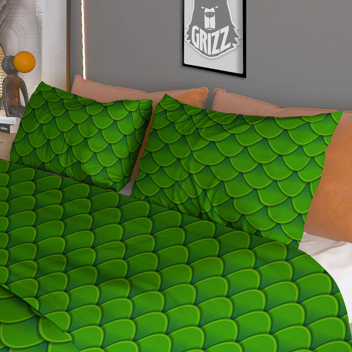 Green Dragon Scales Print Pattern Duvet Cover Bedding Set - Image 3