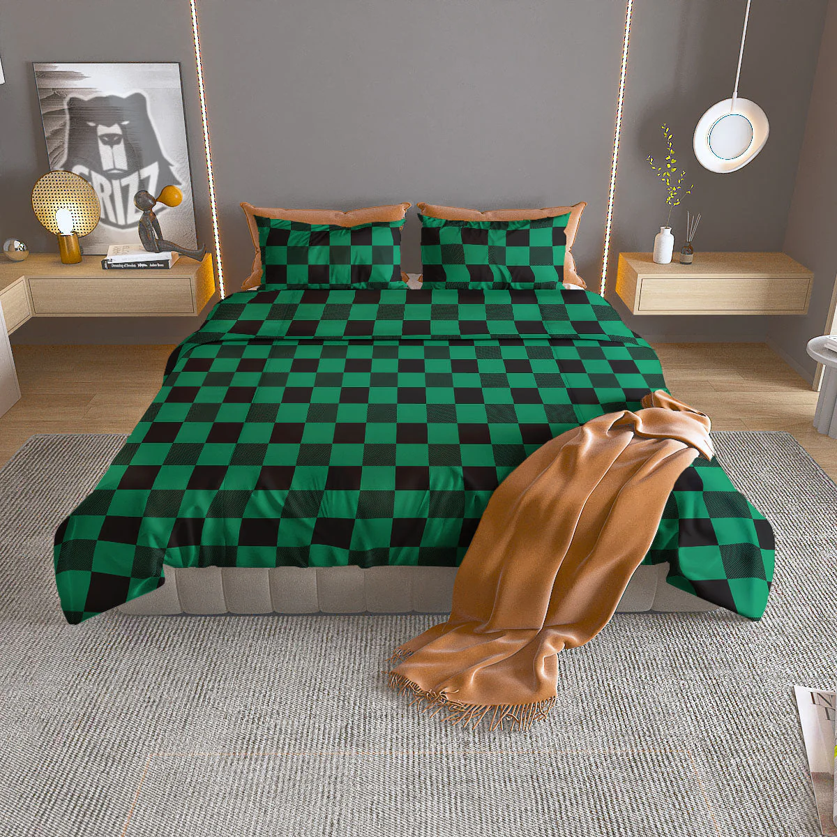Green Forest And White Checkered Print Duvet Cover Bedding Set