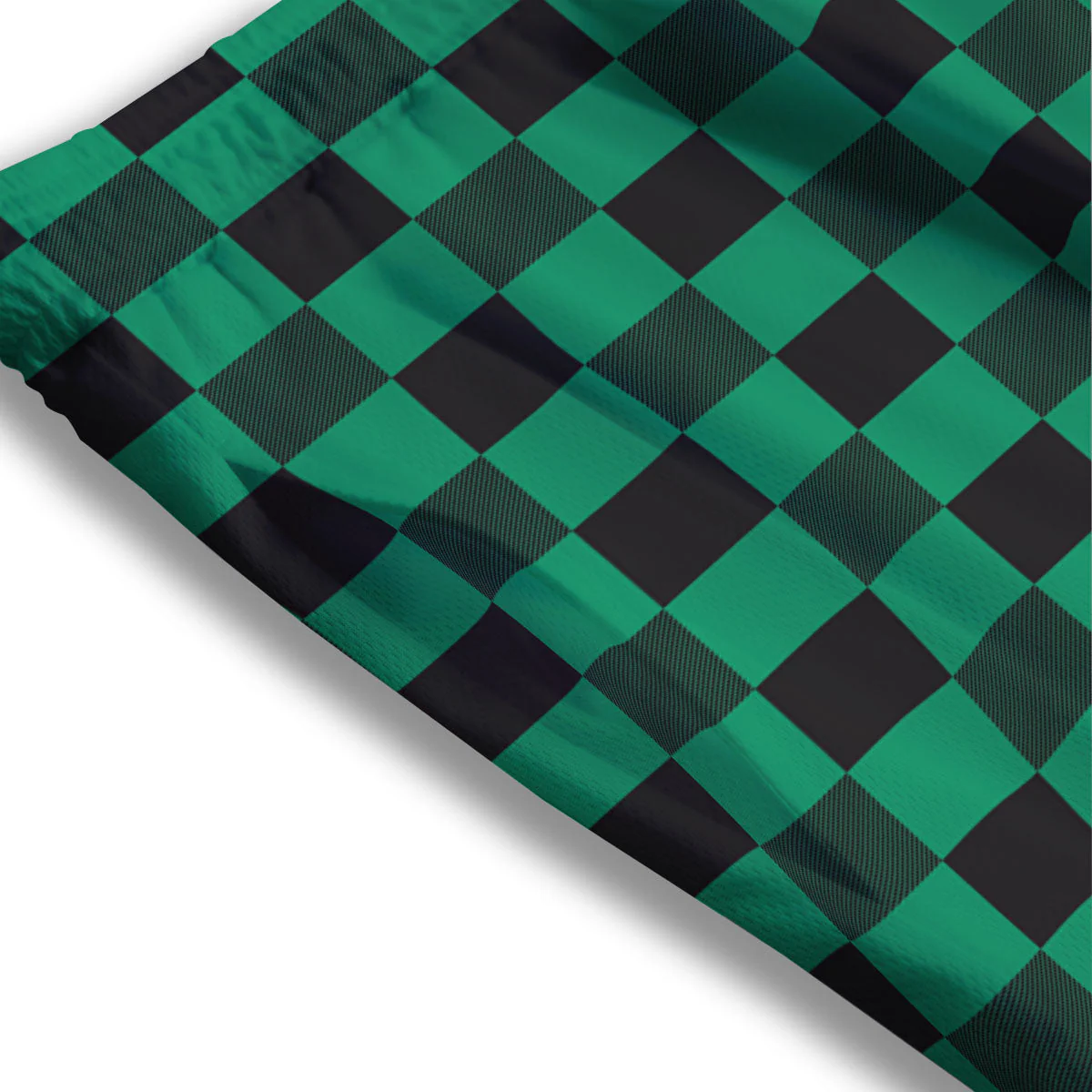 Green Forest And White Checkered Print Mesh Shorts - Image 3