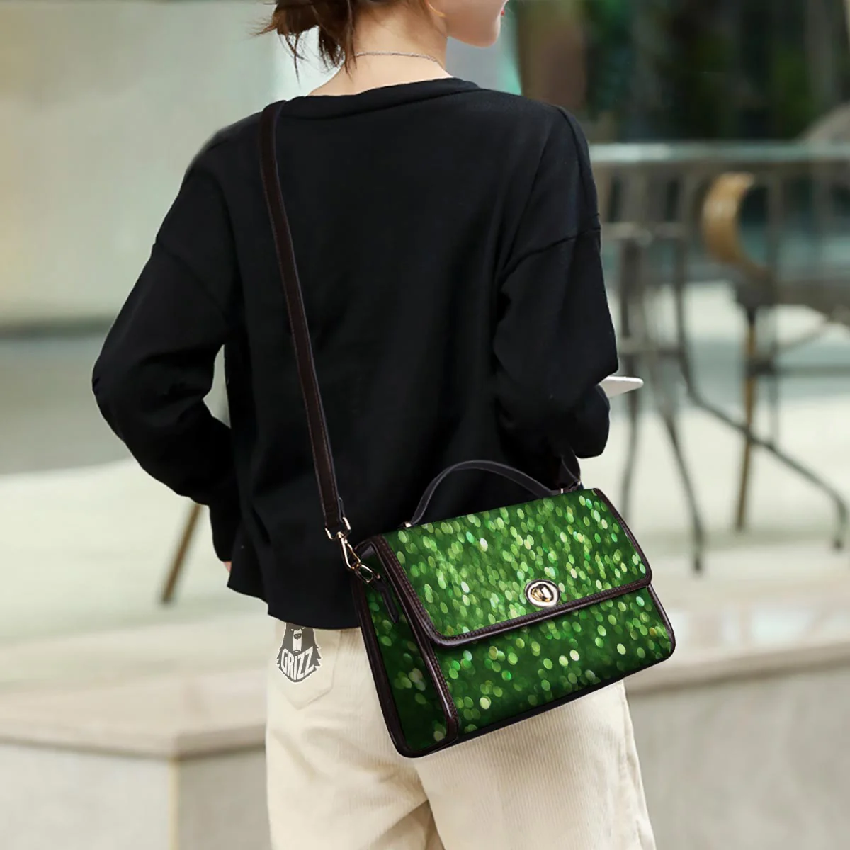 Green Glitter Artwork Shamrock Print Pattern Women's Satchel Bag - Image 3
