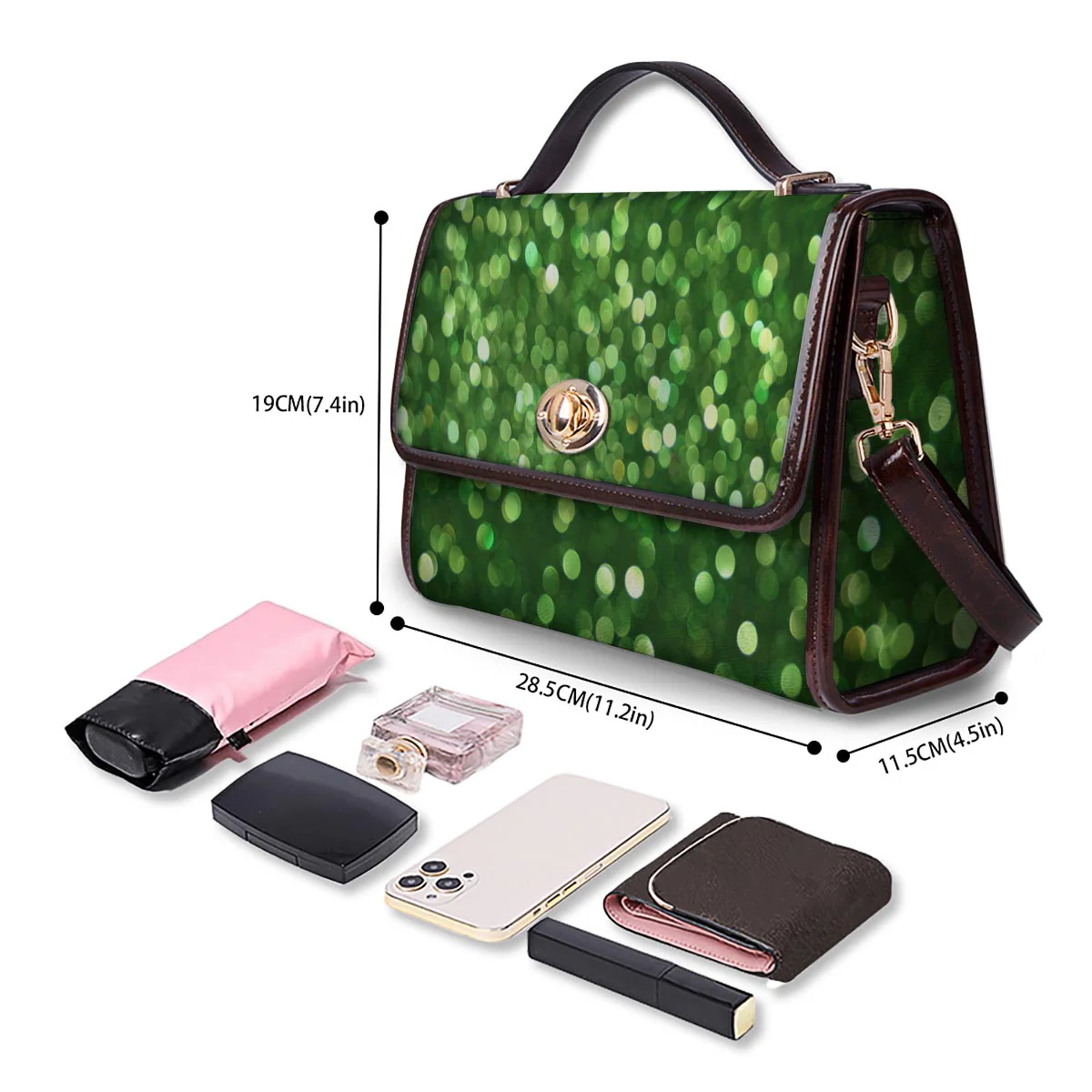 Green Glitter Artwork Shamrock Print Pattern Women's Satchel Bag - Image 4