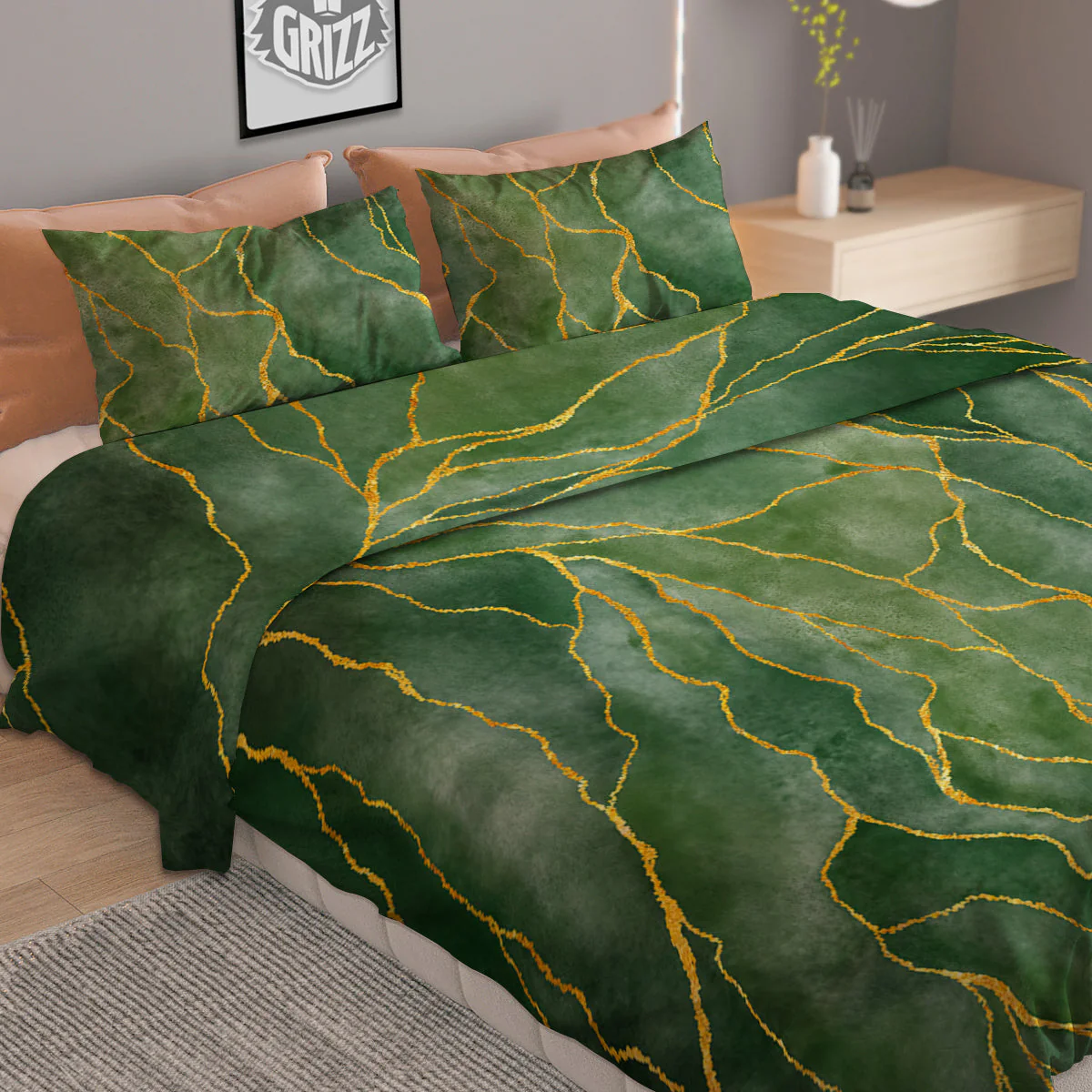 Green Golden Cracked Marble Print Duvet Cover Bedding Set - Image 2