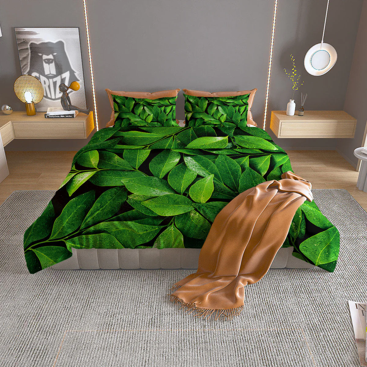 Green Leaf Print Duvet Cover Bedding Set