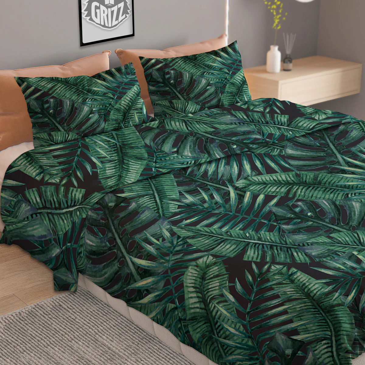 Green Leaf Tropical Print Pattern Duvet Cover Bedding Set - Image 2