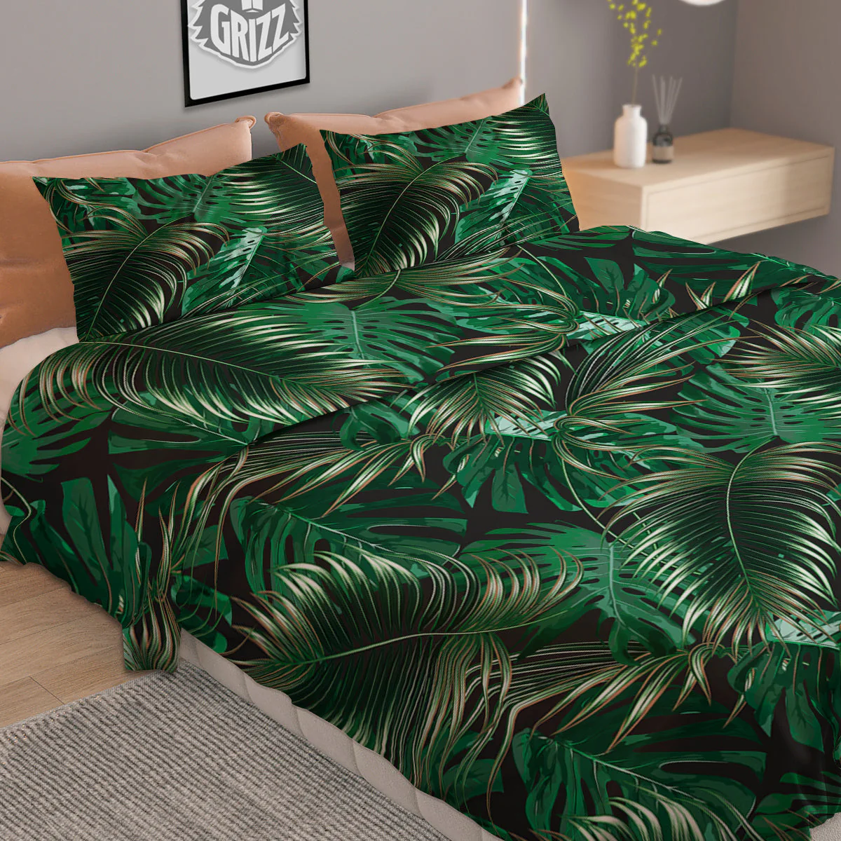 Green Leaves Tropical Print Pattern Duvet Cover Bedding Set - Image 2