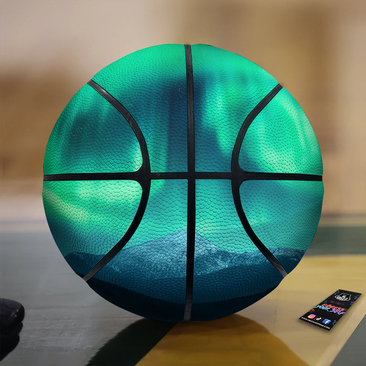 Green Northern Lights And Snowy Mountains Print Basketball
