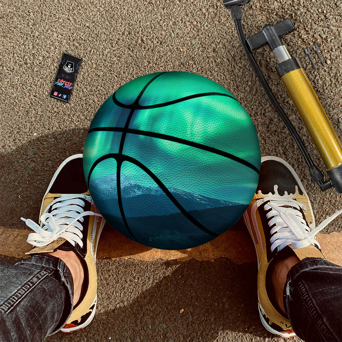 Green Northern Lights And Snowy Mountains Print Basketball - Image 2
