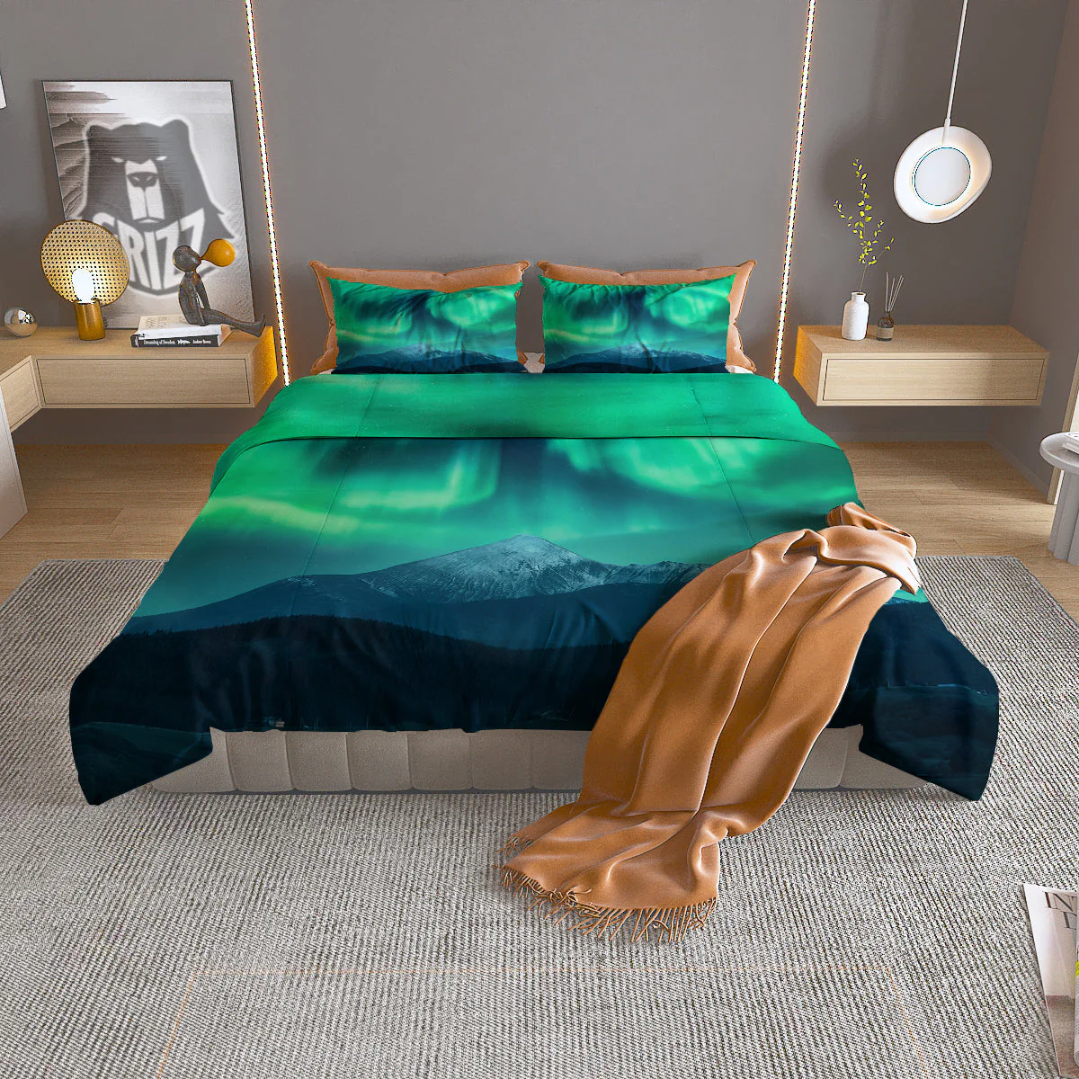 Green Northern Lights And Snowy Mountains Print Duvet Cover Bedding Set