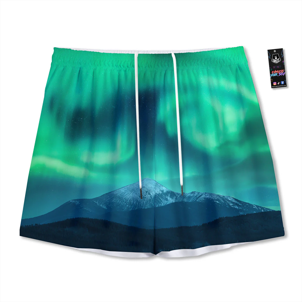 Green Northern Lights And Snowy Mountains Print Mesh Shorts
