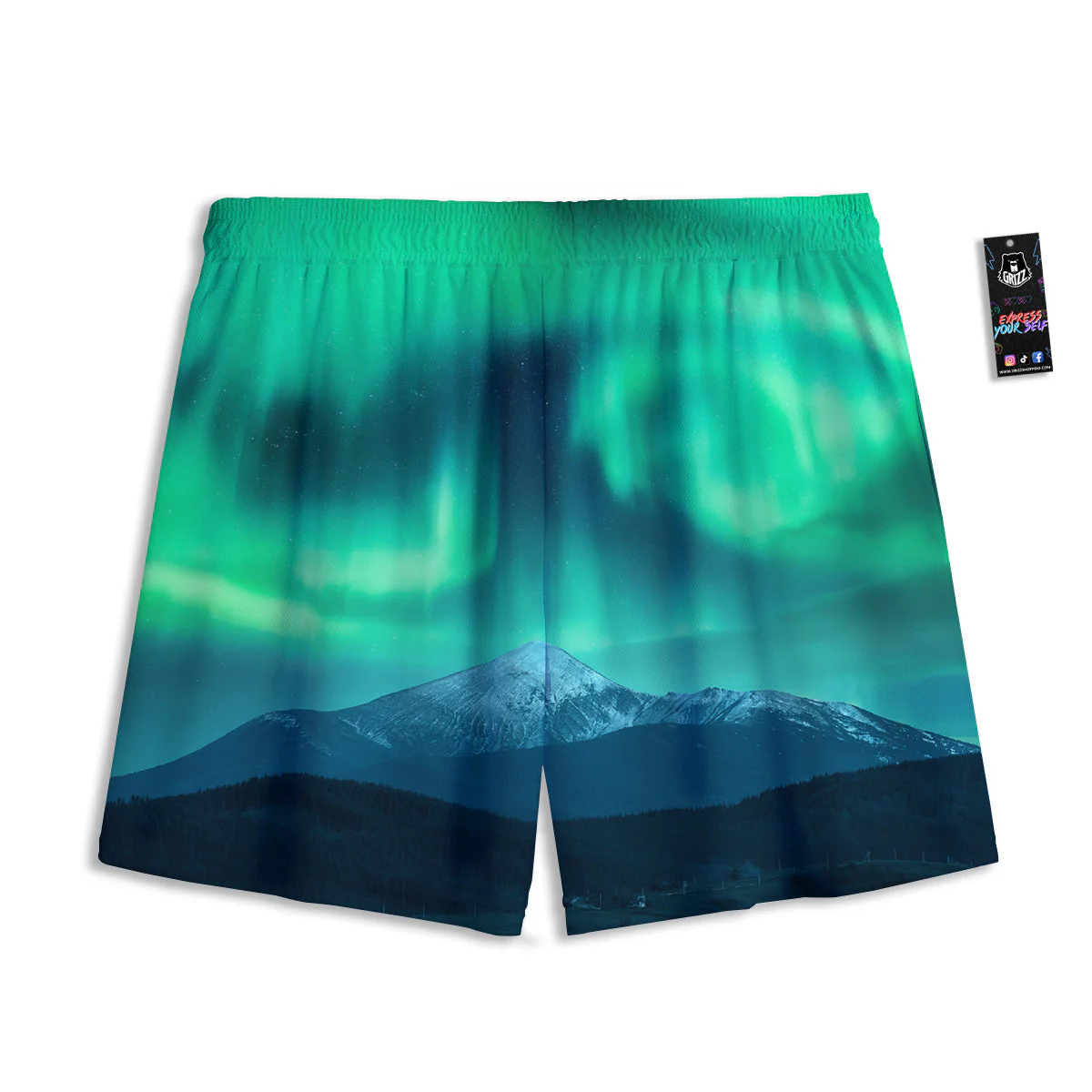 Green Northern Lights And Snowy Mountains Print Mesh Shorts - Image 2