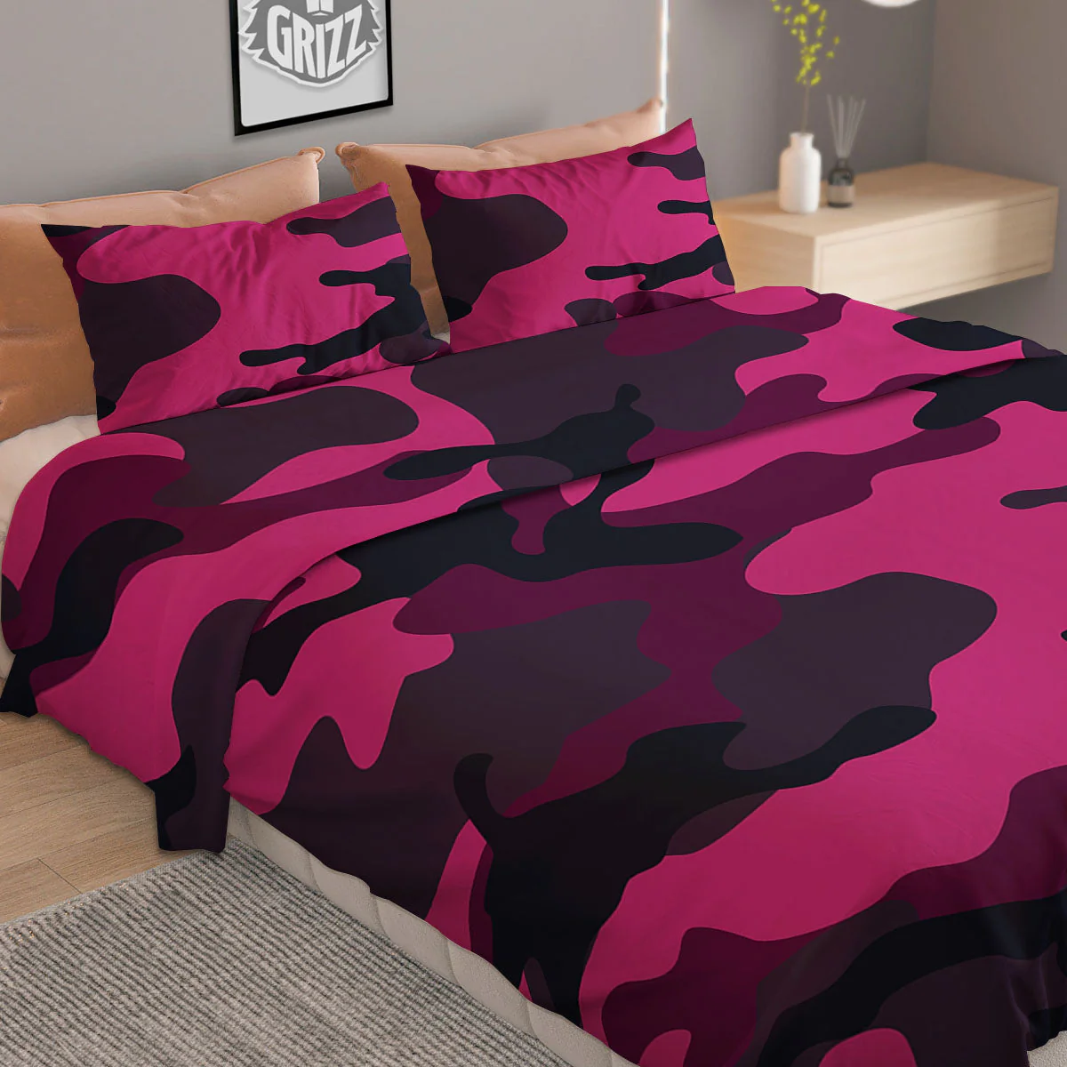 Green Pink And Black Camouflage Print Duvet Cover Bedding Set - Image 2