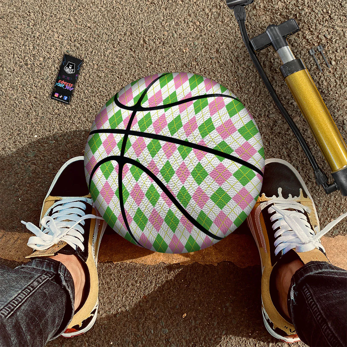 Green Pink And White Argyle Print Pattern Basketball - Image 2