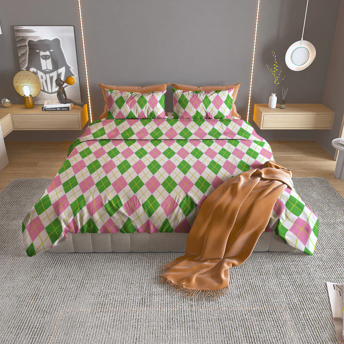 Green Pink And White Argyle Print Pattern Duvet Cover Bedding Set